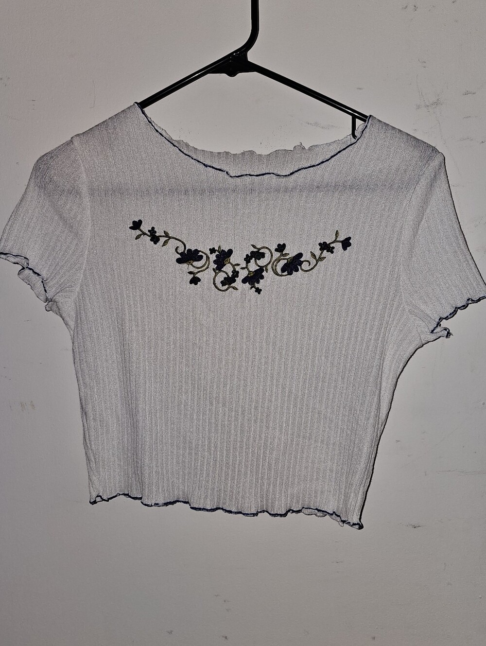 Practical Magic Women's White Ribbed Short Sleeve Top with Floral Embroidery